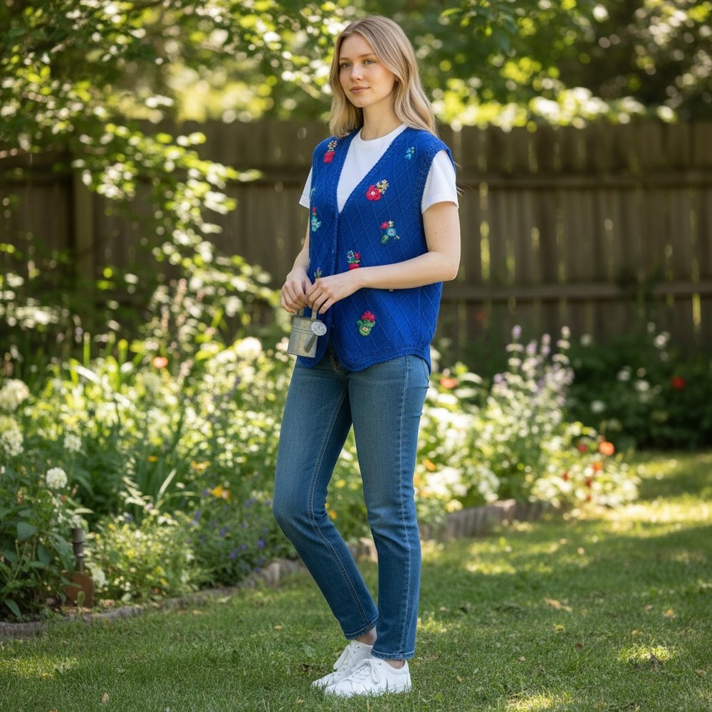 VTG Erika Embroidery Floral Knit Vest Women M Cobalt Blue Cottage Grandma Fall